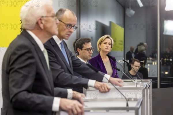 Annual event on the BW Automotive Industry Strategy Dialogue (SDA) in Stuttgart. Press conference with Winfried Kretschmann (Greens, Minister-President BW), Friedrich Merz (CDU, Federal Chancellor), Stéphane Séjourné (Executive Vice President of the European Commission and Commissioner for Prosperity and Industrial Strategy) and Nicole Hoffmeister-Kraut (CDU, Minister of Economics BW) . Automotive industry conference. Stuttgart, Baden-Württemberg, Germany