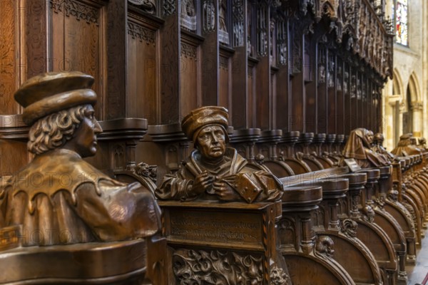 The choir stalls in Ulm Minster by Jörg Syrlin the Younger with impressive carvings. interior view. Ulm Münster, Gothic religious building in the Baden-Württemberg city of Ulm and parish church of the Protestant community. The 161, 53 meter high main tower, completed in 1890, was the highest church tower in the world for around 135 years. Ulm, Baden-Württemberg, Germany