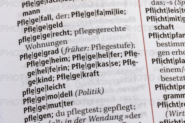 Care level, nursing home, care fund, care allowance, care case. Term from the Duden. Standard work of German spelling, 29th edition. germany