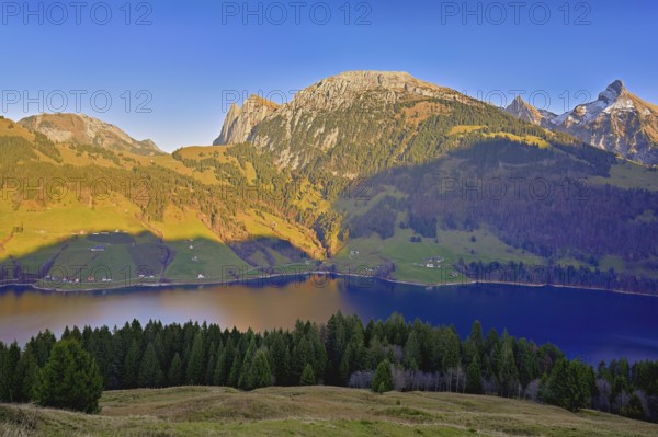 View of Lake Wägitalersee with Schiberg and Zindelspitz in the background, Canton, Schwyz, Switzerland