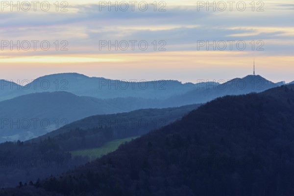 View from the Gisliflue of the Jurassic foothills with the Wasserfluh, in the light of twilight, Talheim, Canton of Aargau, Switzerland