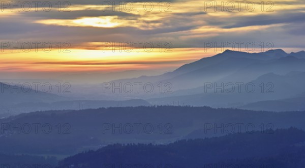 View of the Jura foothills from the Gisliflue, in the light of the setting sun, Talheim, Canton, Aargau, Switzerland