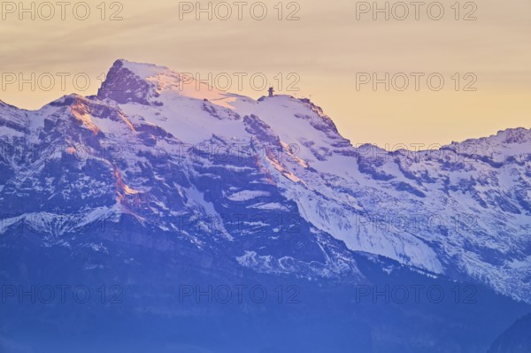 Snow-covered Titlis in evening light, Engelberg, Canton, Obwalden, Switzerland