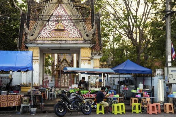 Food stand in front of a temple, Prachuap Khiri Khan, Prachuap Khiri Khan Province, Central Thailand, Thailand