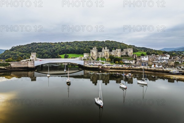 Conwy Castle over River Convy from a drone, Convy, North Wales, England, United Kingdom