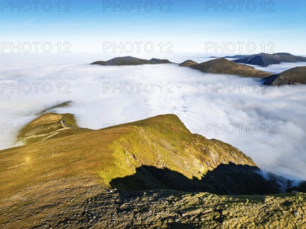 Snowdon Massif from a drone, Snowdon Range, Snowdonia, North Wales, UK
