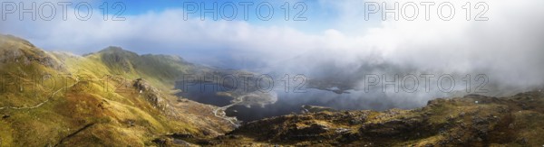 Pyg Track over Llyn Llydaw lake from a drone, Pen-y-Pass, mountain pass, Snowdonia, Gwynedd, north-west Wales, UK