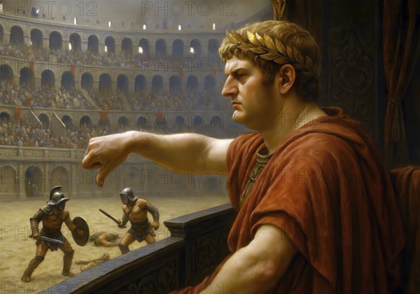 The Roman Emperor Nero lowers his thumbs in the ancient arena in which gladiator battles take place, symbolic image of Empire, Roman Empire, Colosseum, Antiquity, History, Historical, AI generated, AI generated
