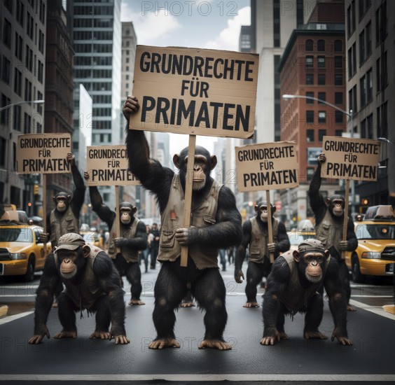 A group of chimpanzees demonstrates and demands basic rights for primates, symbolic image law, human right, animal right, protest, demonstration, appeal, law, justice, AI generated, AI generated