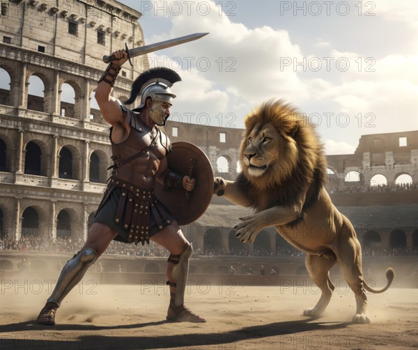 A gladiator with helmet, shield and sword fights against a lion in a Roman arena, symbol ancient, Roman, gladiator fights, Roman Empire, history, combat, sword fighting, AI generated, AI generated
