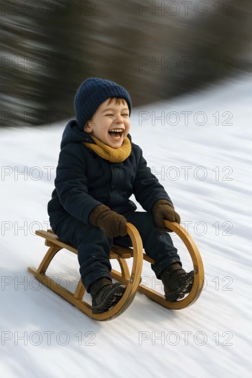 A boy sledges down a hill laughing happily on a sled, symbolizing winter, winter sports, sledding, snow, fun, AI generated, AI generated
