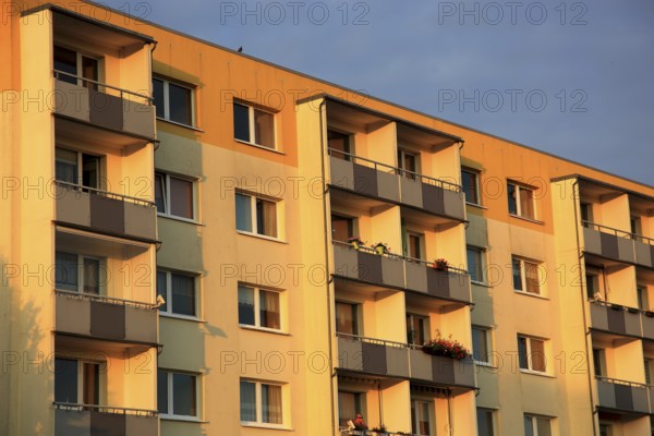 Rental apartments of the Weimar housing cooperative, prefabricated building, balconies, renovated, living space, Mecklenburg-Western Pomerania, Germany