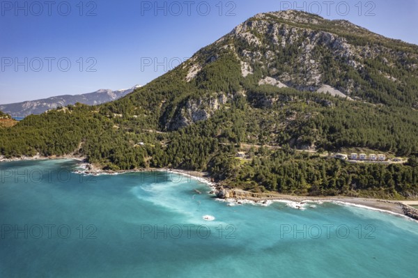 Landscape, coast and beach near the village of Pili or Pelio seen from the air, Euboea or Evia island, Greece