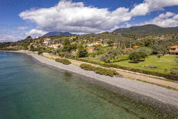 Landscape and beach near Politika on the island of Euboea or Evia seen from the air, Greece