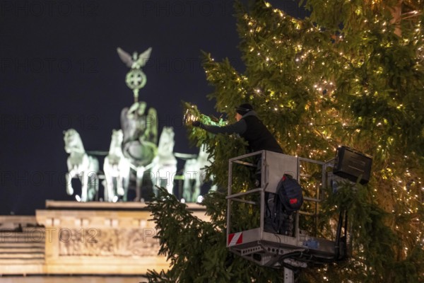 The big Christmas tree in front of the Brandenburg Gate, on Pariser Platz, is decorated with fairy lights, Berlin, Germany
