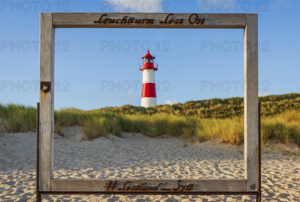 Selfie spot at Lister lighthouse on Ellenbogen, morning light, morning mood, dune, North Sea island, Sylt
