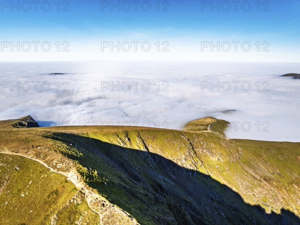 Snowdon Massif from a drone, Snowdon Range, Snowdonia, North Wales, UK