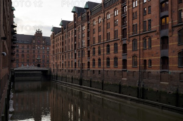 Warehouses, façade, brick building, Hamburger Speicherstadt, Hafencity, Canal, Free and Hanseatic City of Hamburg, Germany