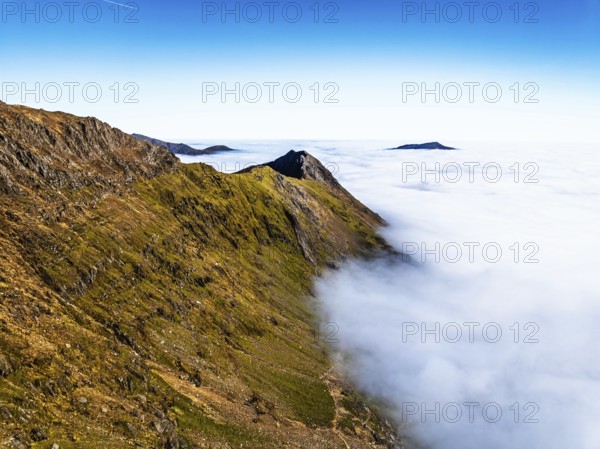 Snowdon Massif from a drone, Snowdon Range, Snowdonia, North Wales, UK