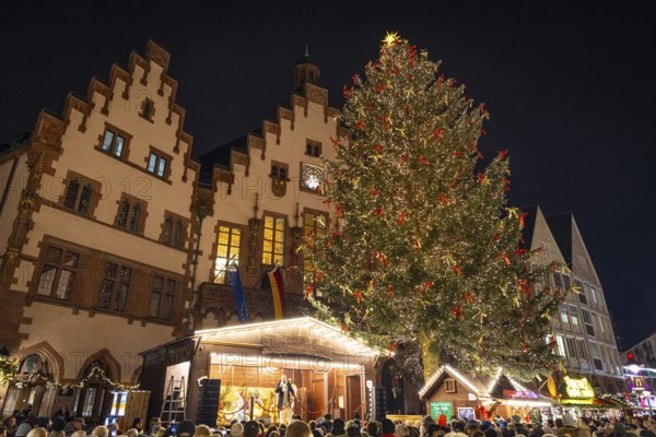 With the lighting on the Mrs. Holle Christmas tree, a 30-meter high Nordmann fir tree, the Frankfurt Christmas Market was officially opened on 24.11.2025. The Christmas market will be open until December 22 from Monday to Saturday from 10:00 to 21:00 and on Sundays from 11:00 to 21:00, Römerberg, Frankfurt am Main, Hesse, Germany