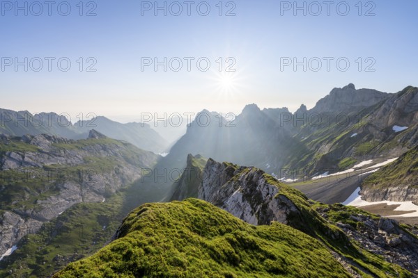 View over Alpstein Mountains into the Meglisalp Valley at sunrise, Rotstein Pass, Säntis, Appenzell, Switzerland