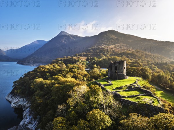 Autumn over Ruins of Dolbadarn Castle from a drone, Llanberis, Llywelyn, North Wales, UK