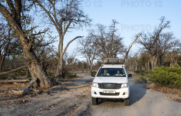 Safari car on a dust road, Moremi Game Reserve, Botswana