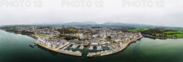 Caernarfon Castle from a drone, Caernarfon, Gwynedd, North-West Wales, UK