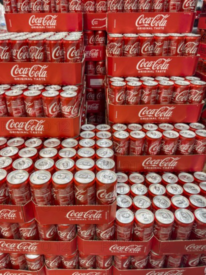 Pallet with cans drinking cans beverage cans of soft drink Coca-Cola Coke Coca Cola, Germany