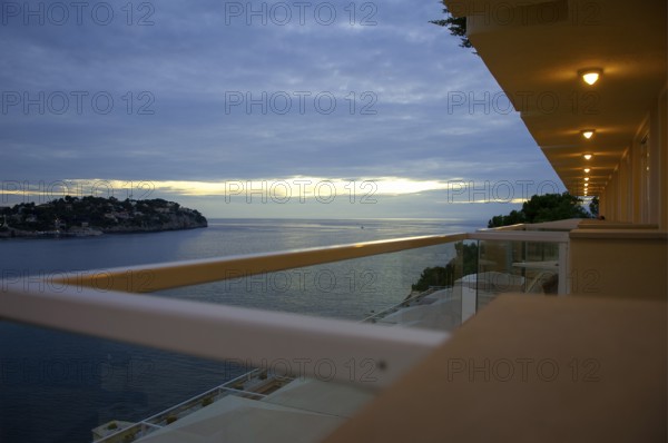 Sunset, view from hotel balcony, Santa Ponsa Bay, Majorca, Spain