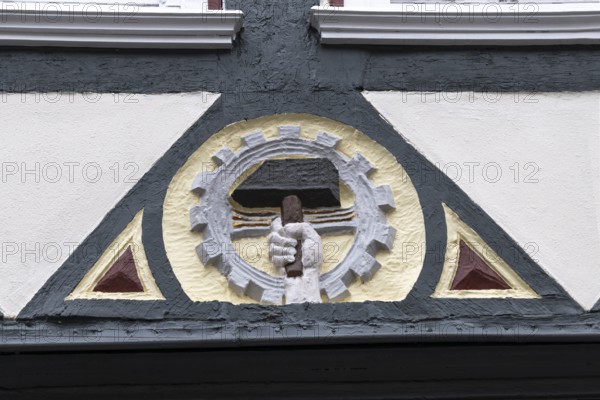 Decoration on half-timbered house, Barfüsserstraße, Marburg, Hesse, Germany
