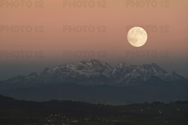 View from Horben of the Alpstein Mountains with the Säntis, in the light of the full moon, Beinwil-Freiamt, Canton, Aargau, Switzerland