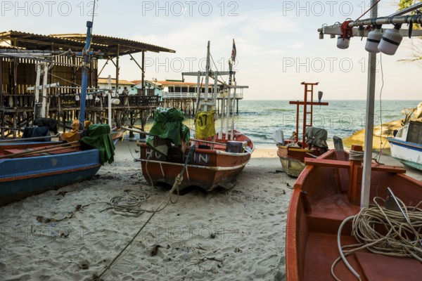 Colorful fishing boats on the beach, Hua Hin, Prachuap Khiri Khan, Central Thailand, Thailand