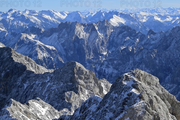 View of the Wetterstein Mountains from the mountain station of the Zugspitz cable car (2962 m), Grainau municipality, Garmisch-Partenkirchen district, Bavaria, Germany