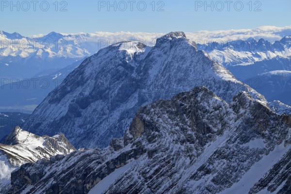 View of the Wetterstein Mountains from the mountain station of the Zugspitz cable car (2962 m), Grainau municipality, Garmisch-Partenkirchen district, Bavaria, Germany