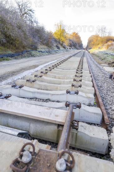Behind a railroad, a long, straight section of track stretches through autumnal nature, track construction of the Hermann Hesse Railway, Calw, Germany
