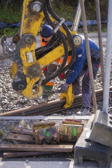 Construction workers work together on rails with heavy equipment, track construction of the Hermann Hesse Railway, Calw, Germany