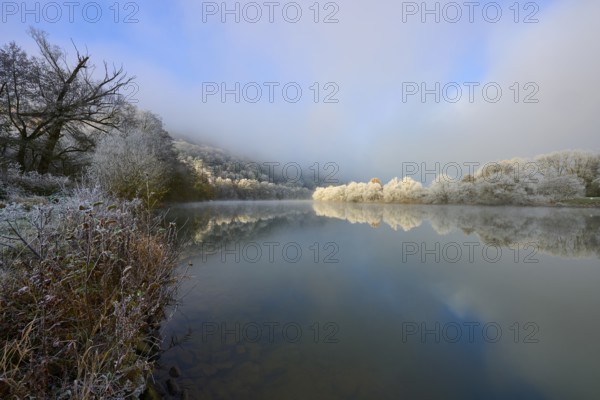 Snowy banks and fog-covered trees are reflected in the quiet lake, hoarfrost, winter, Boxtal, Main-Tauber-Kreis, Baden-Württemberg, and Stadtprozelten, Dorfprozelten, Main, Spessart, Bavaria, Germany