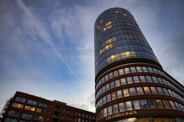 Columbus House, Hafencity, Free and Hanseatic City of Hamburg, twilight, evening, blue hour, Germany