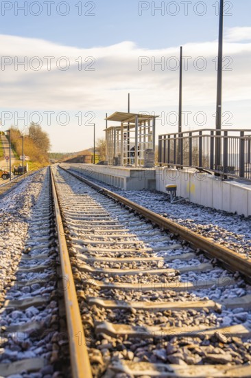 Abandoned train tracks at a small train station in autumn light, new Hermann Hessebahn station, Ostelsheim, Calw district, Germany