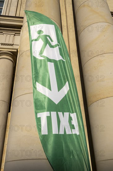 Green exit banners at the Schlüter Hof exit in the Humboldt Forum, Berlin, Germany
