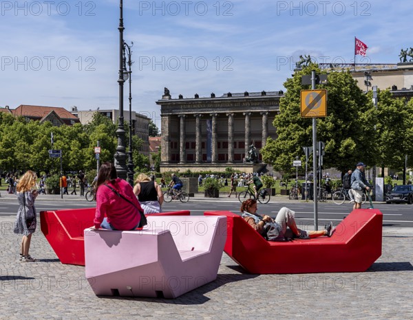 Plastic seating elements in front of the Humboldt Forum and the Lustgarten, Berlin, Germany