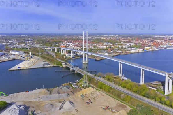 Aerial view over New Rügen Bridge and the old drawbridge at Stralsund along the Strelasund, sound of the Baltic Sea, Mecklenburg-Vorpommern, Germany