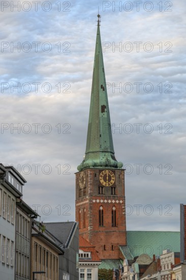 Tower of St Jacobi Church, consecrated in 1334 as the Church of Seafarers and Fishermen, Hanseatic City of Lübeck, Schleswig-Holstein, Germany