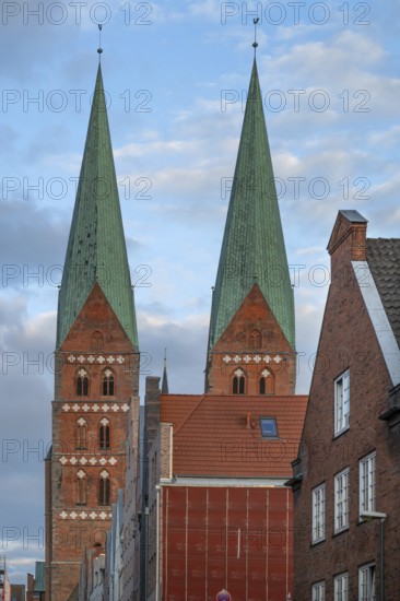St. Mary's Church towers, brick Gothic, built between 1265 and 1351, Hanseatic City of Lübeck, Schleswig-Holstein, Germany