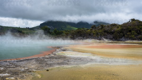 The champagne pool in the Waiotapu geothermal area (Wai-O-Tapu) . orange and yellow. Waiotapu, Waikato, North Island, New Zealand