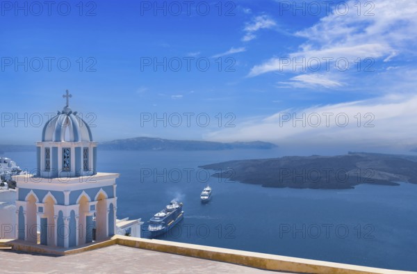 Greece Islands, scenic panoramic sea views of Santorini island from top outlook of Fira village