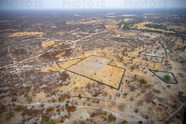 Settlement, simple house and fence, dry savanna landscape, near Maun, aerial view, Okavango Delta, Botswana