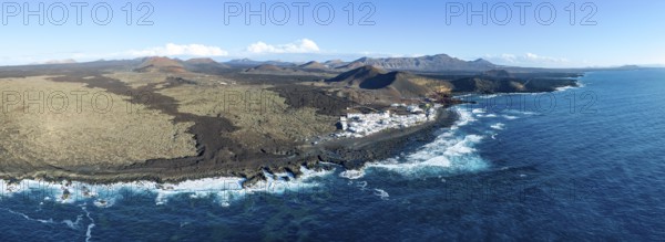 Coastal village fishing village El Golfo, volcanic landscape, coastal landscape, aerial view, Lanzarote, Canary Islands, Spain
