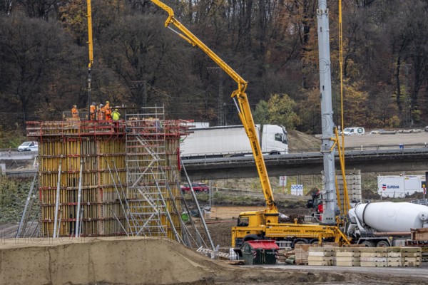 Concreting of a new bridge pillar at the Duisburg-Kaiserberg motorway junction, complete conversion and construction of the A3 and A40 intersections, all bridges, ramps, roadways are renewed and in part extended, construction period of 8 years, railway bridges running there will also be renewed, North Rhine-Westphalia, Germany